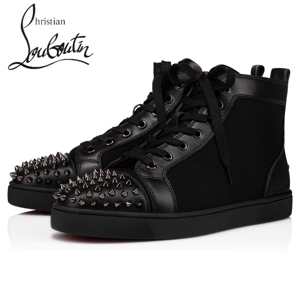 Christian Louboutin Lou Spikes Orlato Flat High Tops - BLACK CALF sale, Louboutin UK shoes online